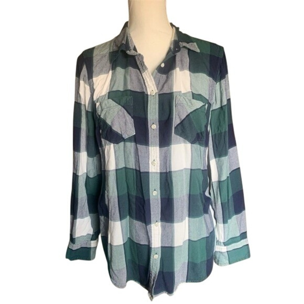 Merona Womens Green Navy Blue Plaid Button Down Flannel Style Rayon Shirt Large